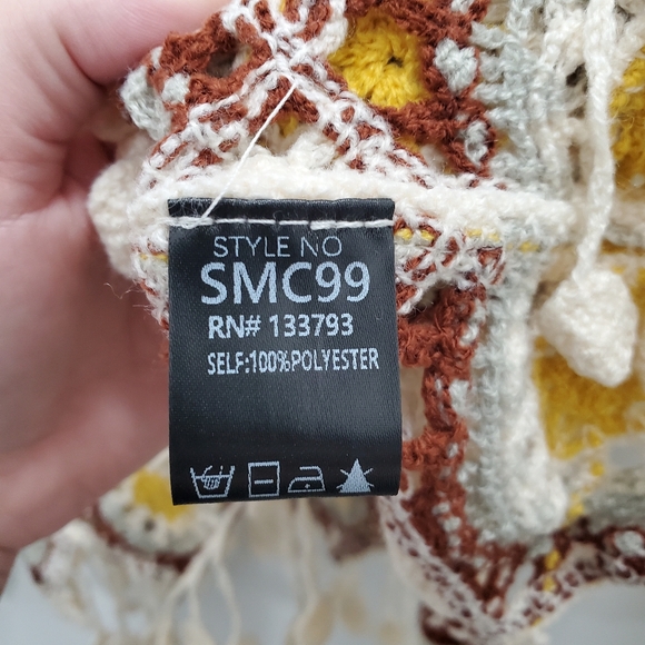 POL Cream Neutral Boho Hippy Oversize Retro‎ Diamond Crochet Festival Fringe Top - Picture 10 of 11